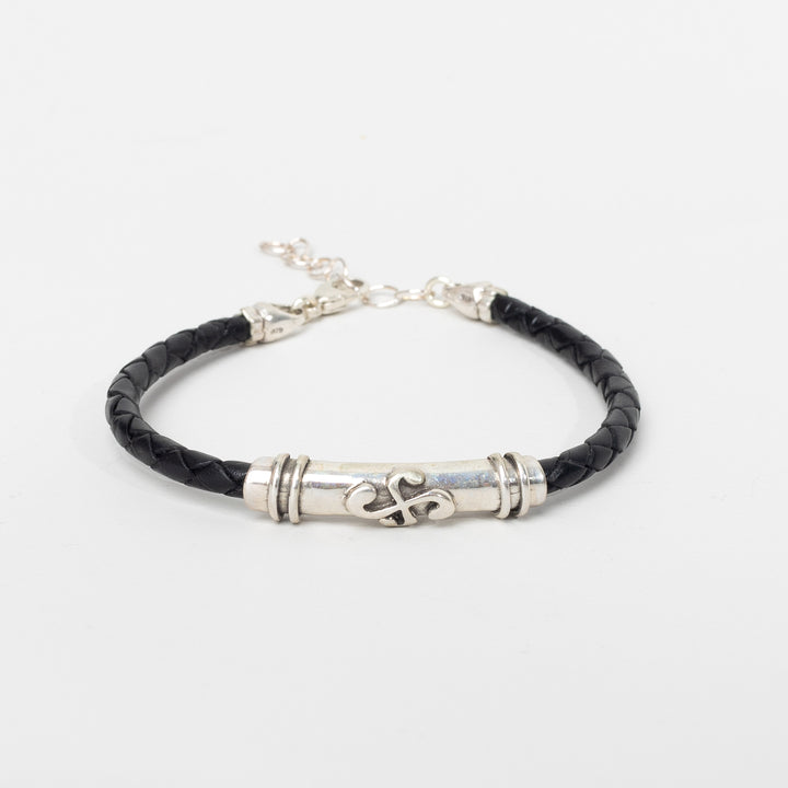 Bracelet Cuir Tressé Noir Croix